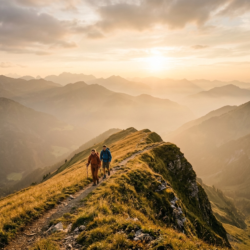 Hikers on mountain ridge golden hour